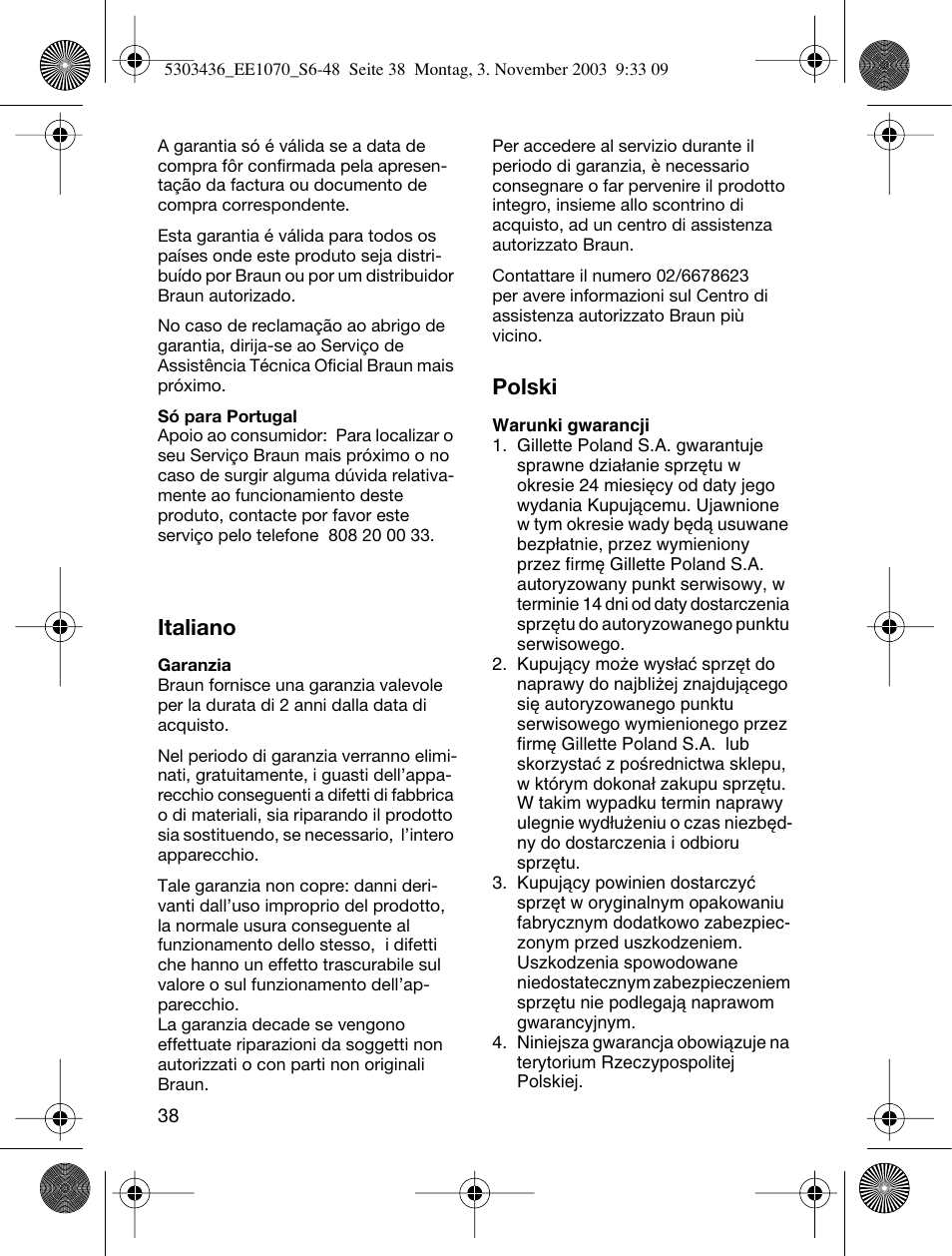 Italiano, Polski | Braun EE1070 Silk-épil SuperSoft User Manual | Page 37 / 43