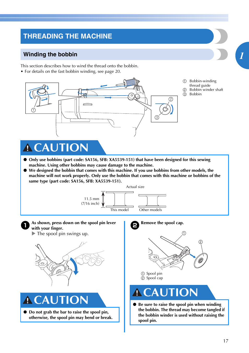 Caution, Threading the machine | Brother DZ3000 User Manual | Page 19 / 116