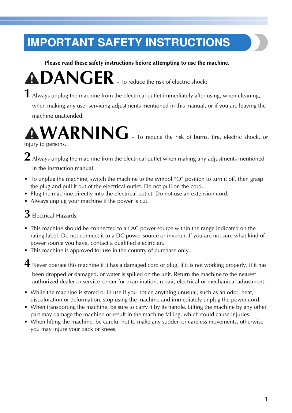 Danger, Warning, Important safety instructions | Brother DZ3000 User Manual | Page 3 / 116