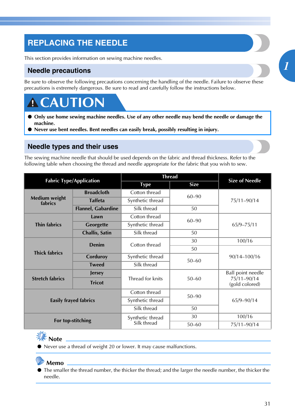 Caution, Replacing the needle, Needle precautions | Needle types and their uses | Brother DZ3000 User Manual | Page 33 / 116