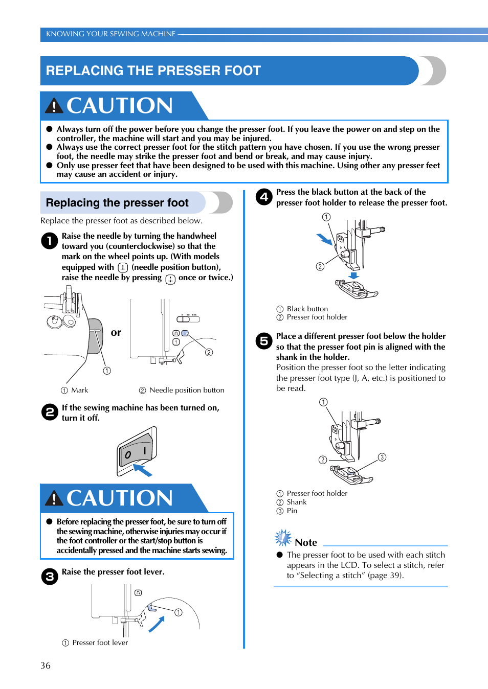 Caution, Replacing the presser foot | Brother DZ3000 User Manual | Page 38 / 116