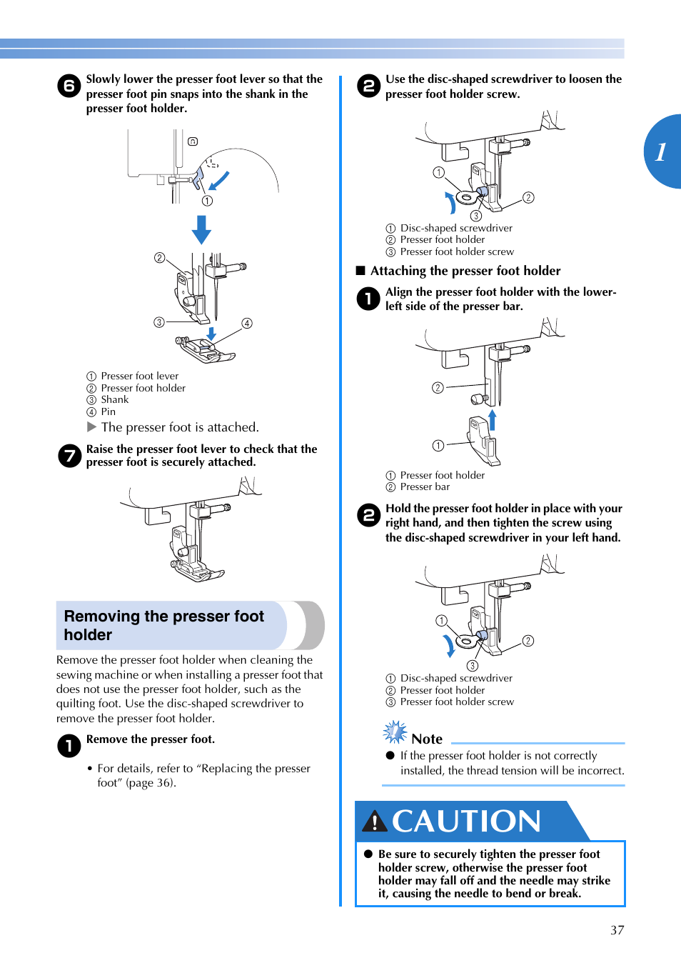 Caution, Removing the presser foot holder | Brother DZ3000 User Manual | Page 39 / 116