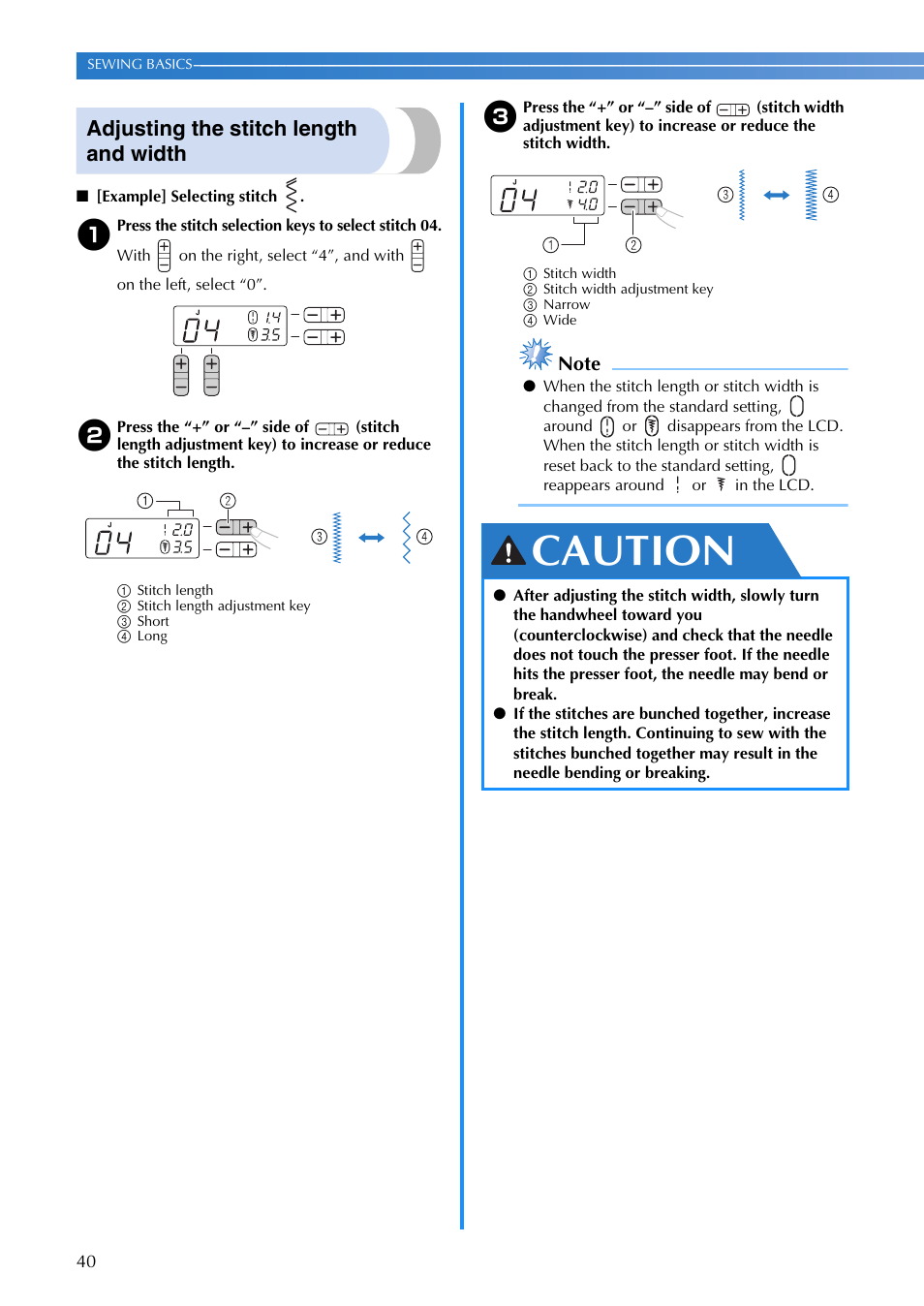 Caution, Adjusting the stitch length and width | Brother DZ3000 User Manual | Page 42 / 116