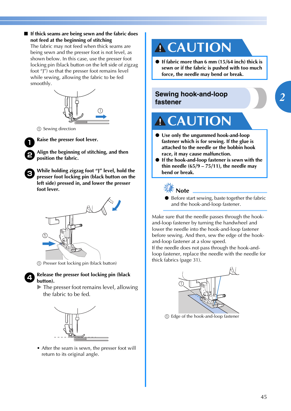 Caution, Sewing hook-and-loop fastener | Brother DZ3000 User Manual | Page 47 / 116