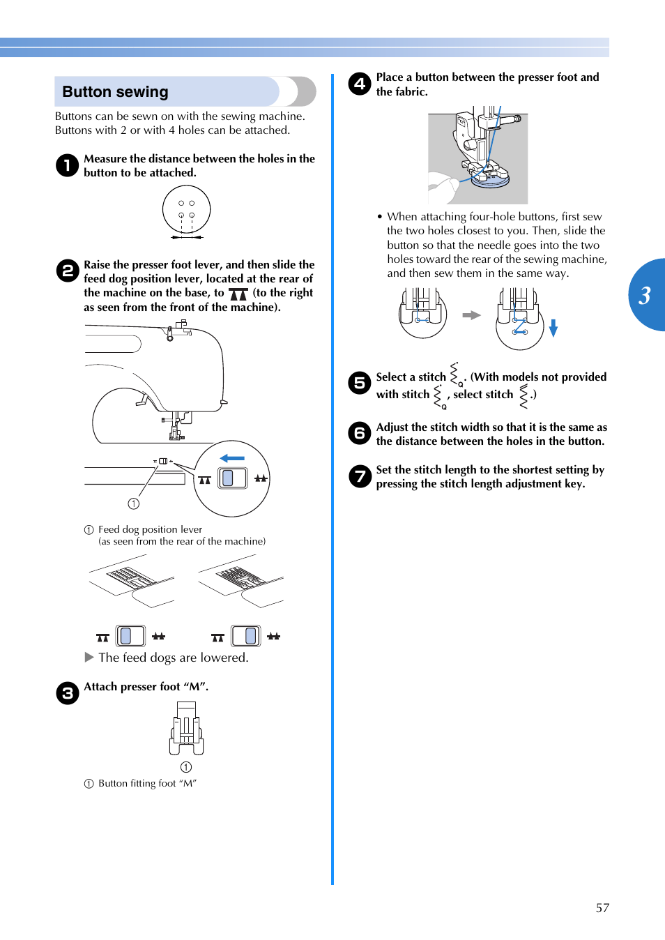 Button sewing | Brother DZ3000 User Manual | Page 59 / 116