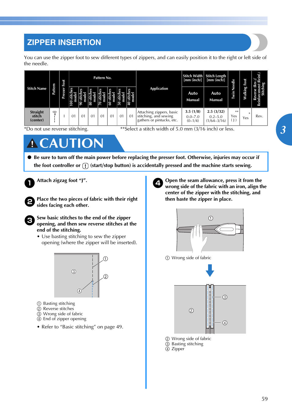 Caution, Zipper insertion | Brother DZ3000 User Manual | Page 61 / 116