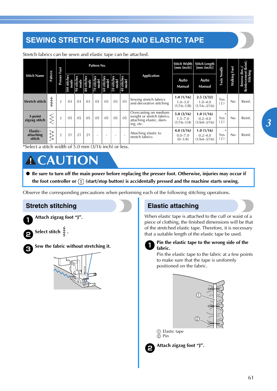 Caution, Sewing stretch fabrics and elastic tape, Stretch stitching | Elastic attaching | Brother DZ3000 User Manual | Page 63 / 116