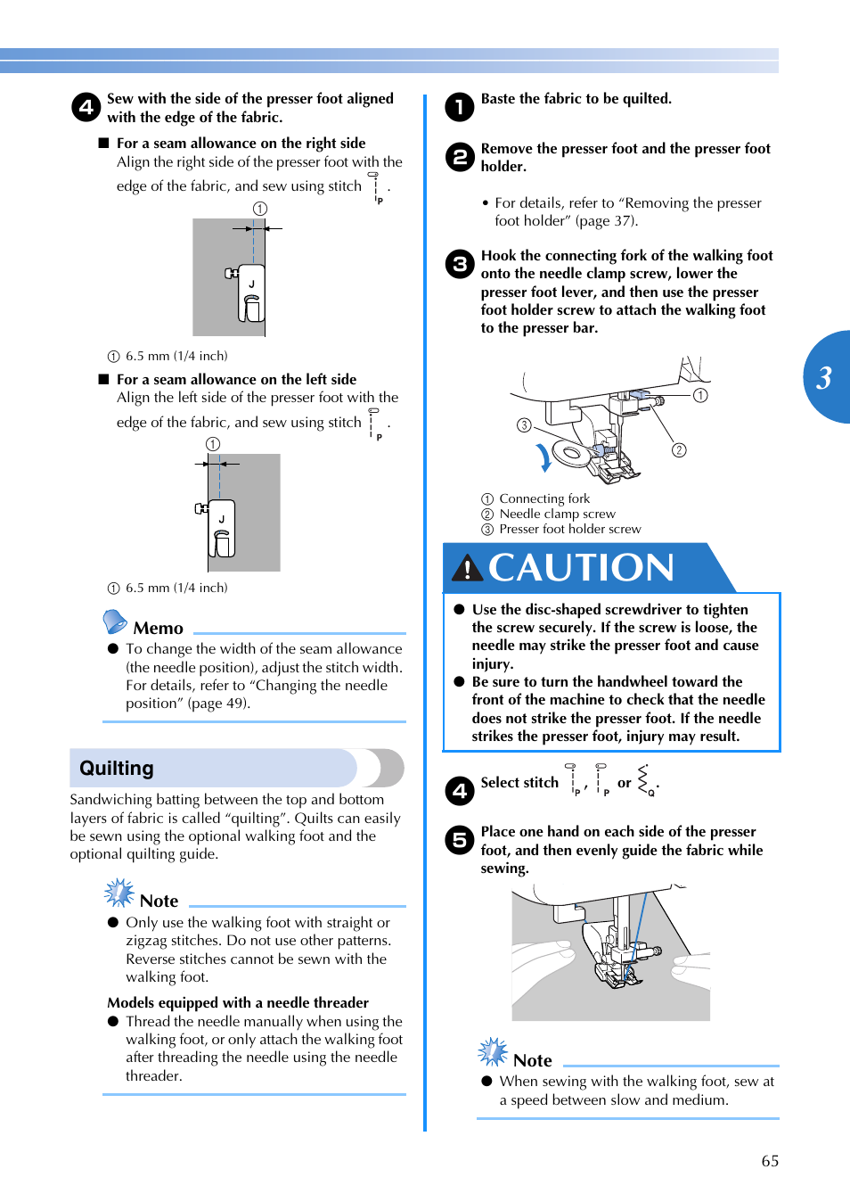 Caution, Quilting | Brother DZ3000 User Manual | Page 67 / 116
