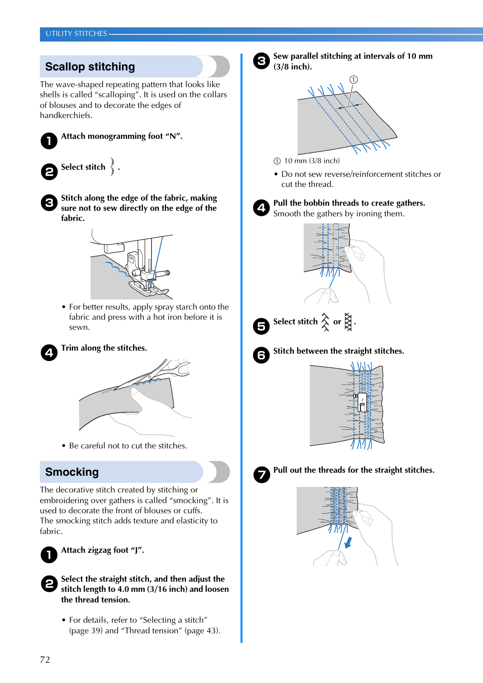 Scallop stitching, Smocking | Brother DZ3000 User Manual | Page 74 / 116
