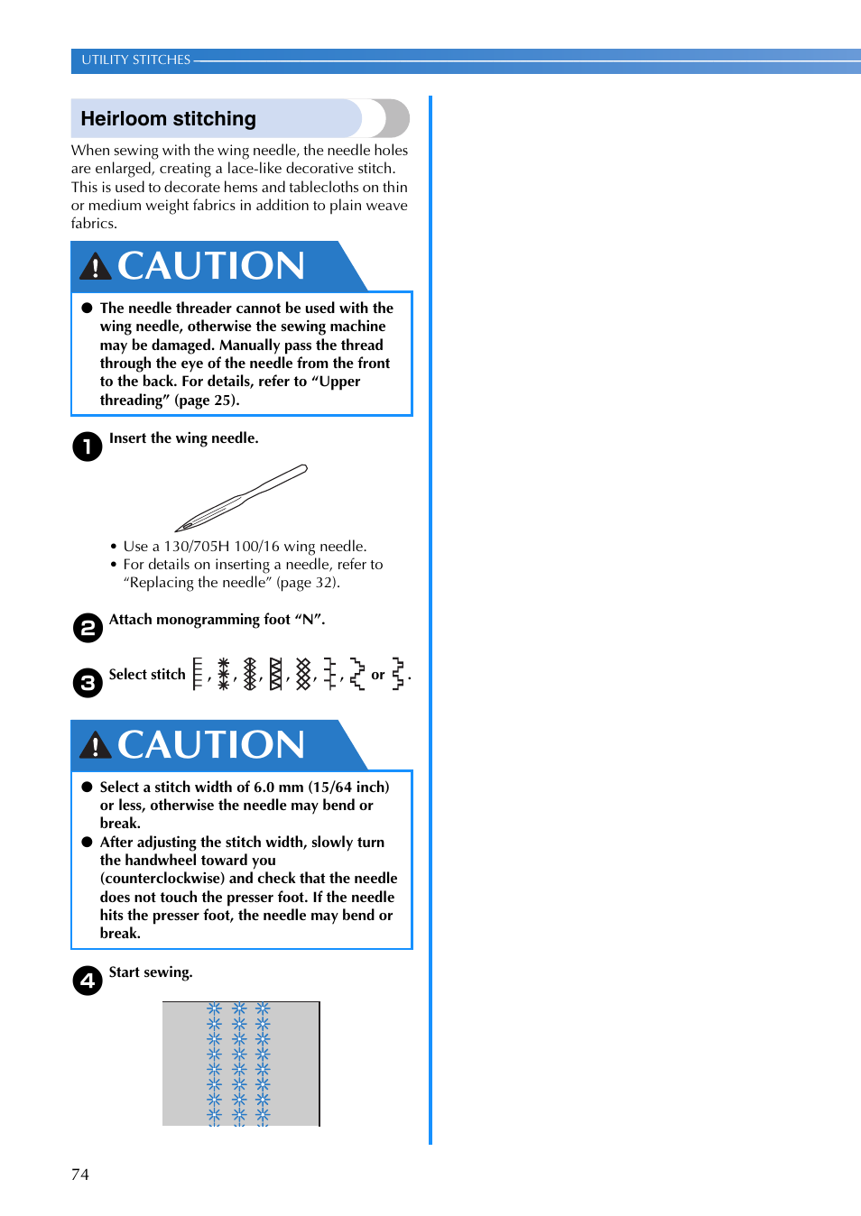 Caution, Heirloom stitching | Brother DZ3000 User Manual | Page 76 / 116