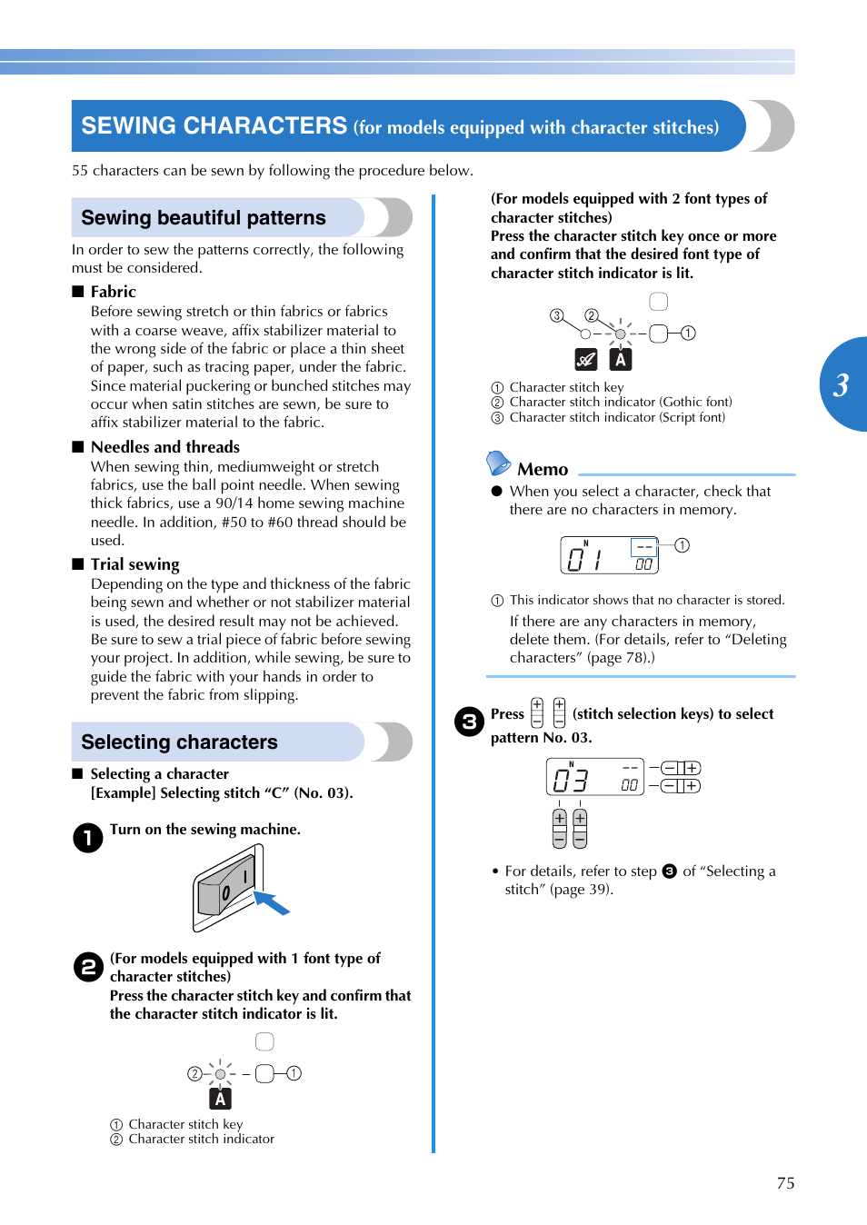 Sewing characters, Sewing beautiful patterns, Selecting characters | Brother DZ3000 User Manual | Page 77 / 116