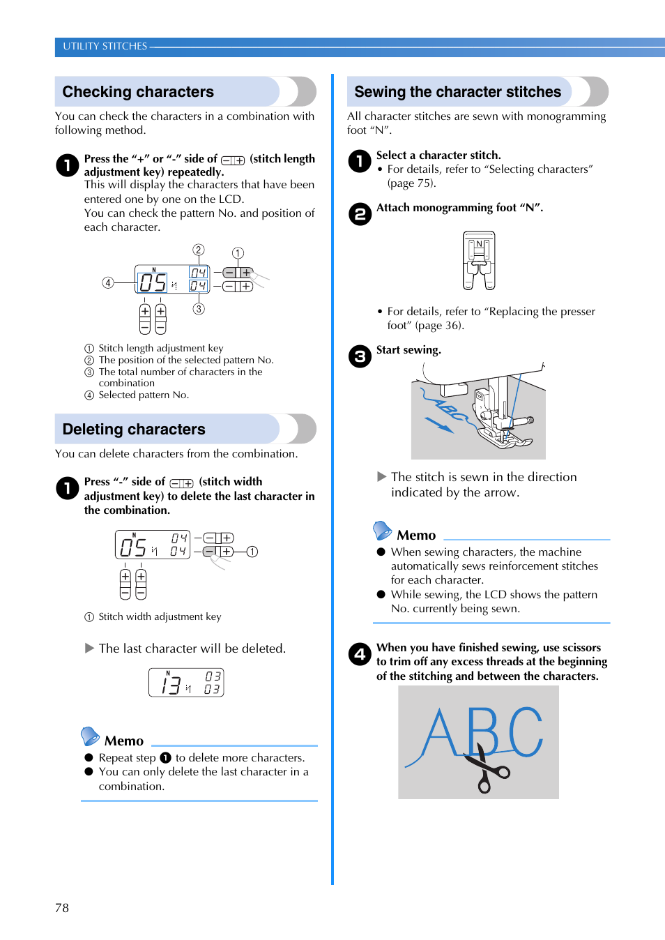 Checking characters, Deleting characters, Sewing the character stitches | Brother DZ3000 User Manual | Page 80 / 116