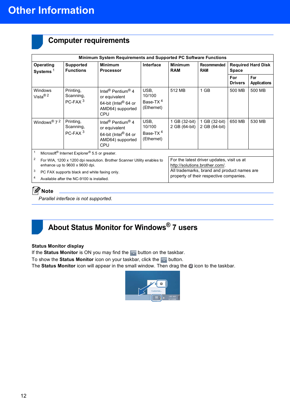 Computer requirements, About status monitor for windows® 7 users, 7 users | Other information, About status monitor for windows | Brother MFC 8220 User Manual | Page 14 / 16