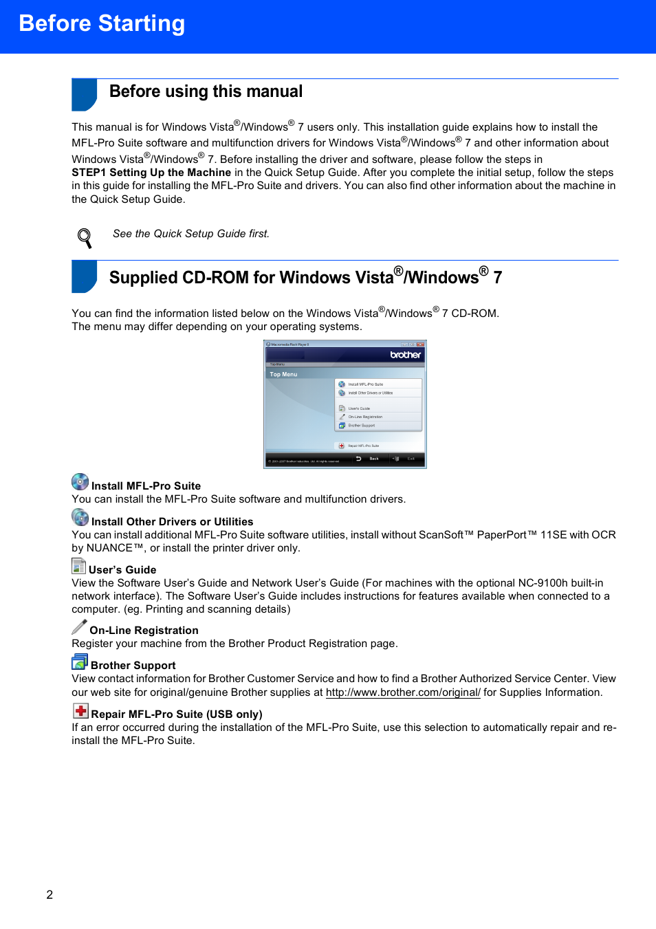 Before starting, Before using this manual, Supplied cd-rom for windows vista®/windows® 7 | Windows, Supplied cd-rom for windows vista | Brother MFC 8220 User Manual | Page 4 / 16