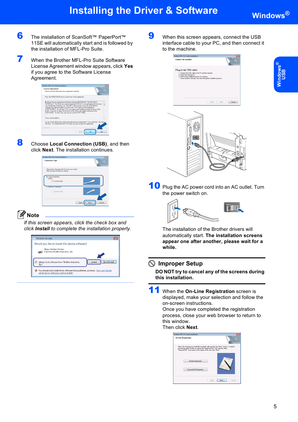 Installing the driver & software, Windows, Improper setup | Brother MFC 8220 User Manual | Page 7 / 16