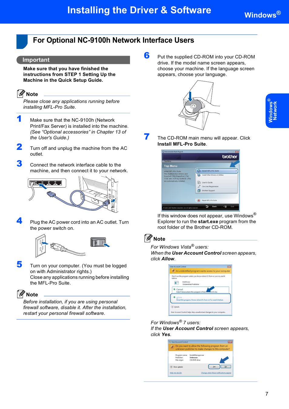 For optional nc-9100h network interface users, Installing the driver & software, Windows | Important | Brother MFC 8220 User Manual | Page 9 / 16