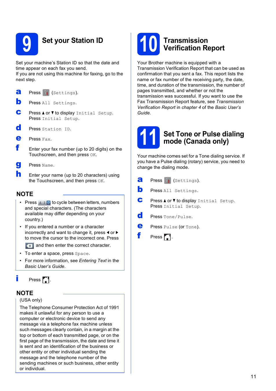 9 set your station id, 10 transmission verification report, 11 set tone or pulse dialing mode (canada only) | Brother MFC-J870DW User Manual | Page 11 / 46