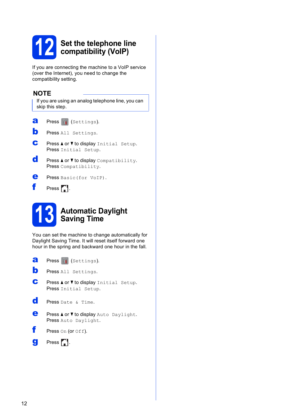 12 set the telephone line compatibility (voip), 13 automatic daylight saving time | Brother MFC-J870DW User Manual | Page 12 / 46