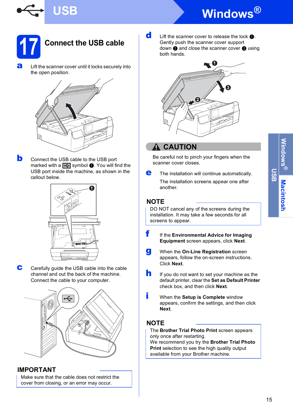 17 connect the usb cable, Windows | Brother MFC-J870DW User Manual | Page 15 / 46
