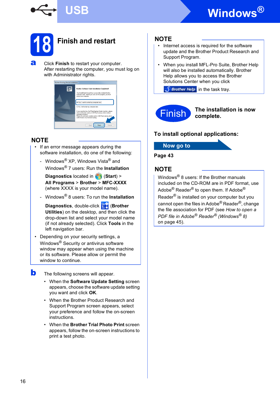 18 finish and restart, Windows, Finish | Finish and restart | Brother MFC-J870DW User Manual | Page 16 / 46
