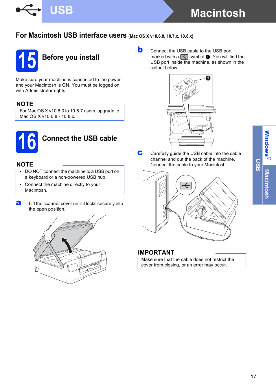 15 before you install, 16 connect the usb cable, Macintosh usb | Brother MFC-J870DW User Manual | Page 17 / 46