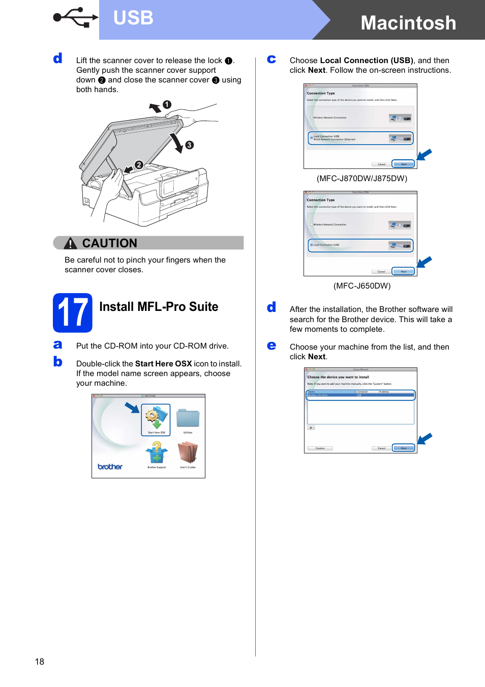 17 install mfl-pro suite, Macintosh usb | Brother MFC-J870DW User Manual | Page 18 / 46
