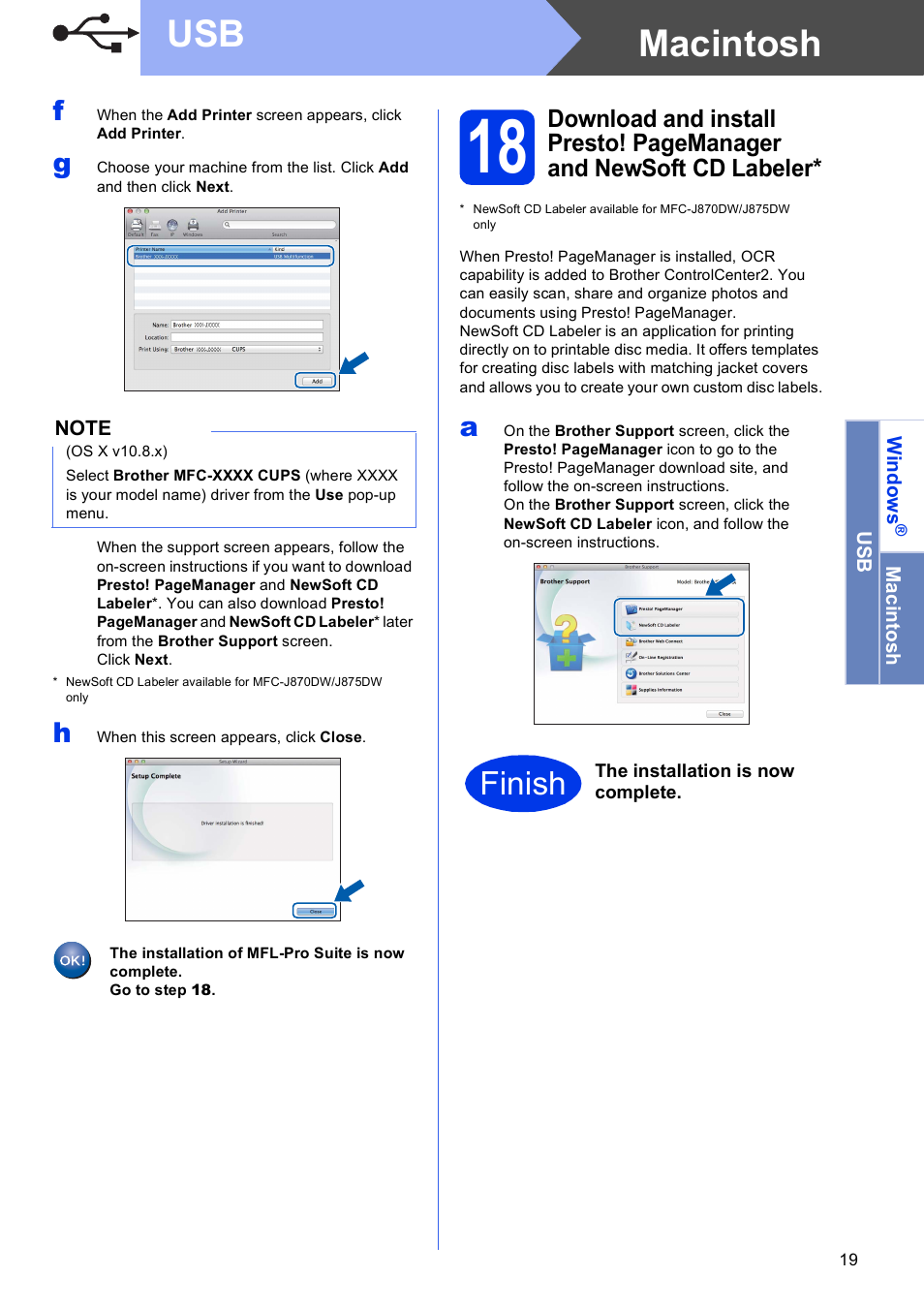 Macintosh usb, Finish | Brother MFC-J870DW User Manual | Page 19 / 46