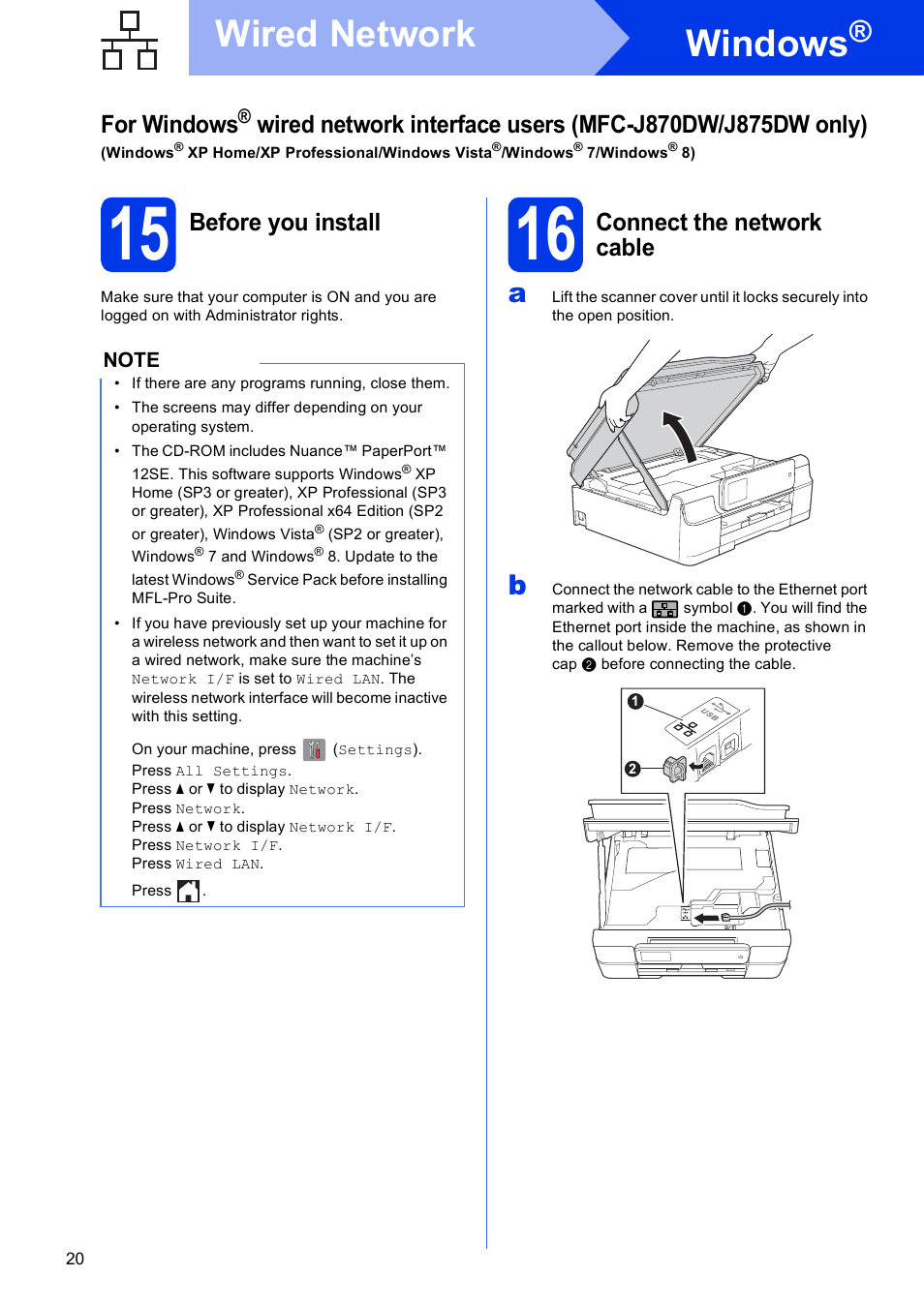 15 before you install, 16 connect the network cable, Windows | Wired network, For windows, Before you install, Connect the network cable | Brother MFC-J870DW User Manual | Page 20 / 46