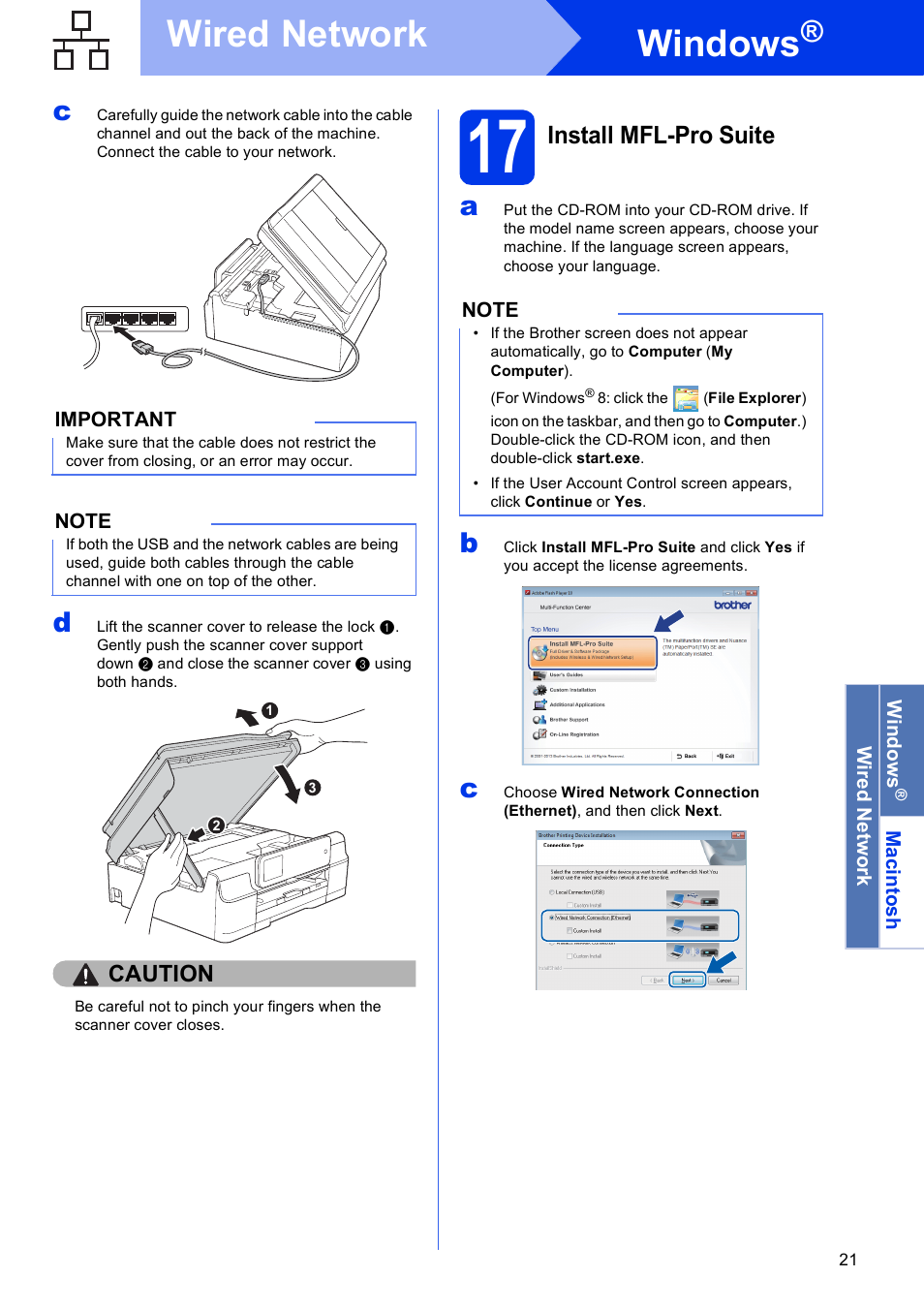 17 install mfl-pro suite, Windows, Wired network | Install mfl-pro suite | Brother MFC-J870DW User Manual | Page 21 / 46