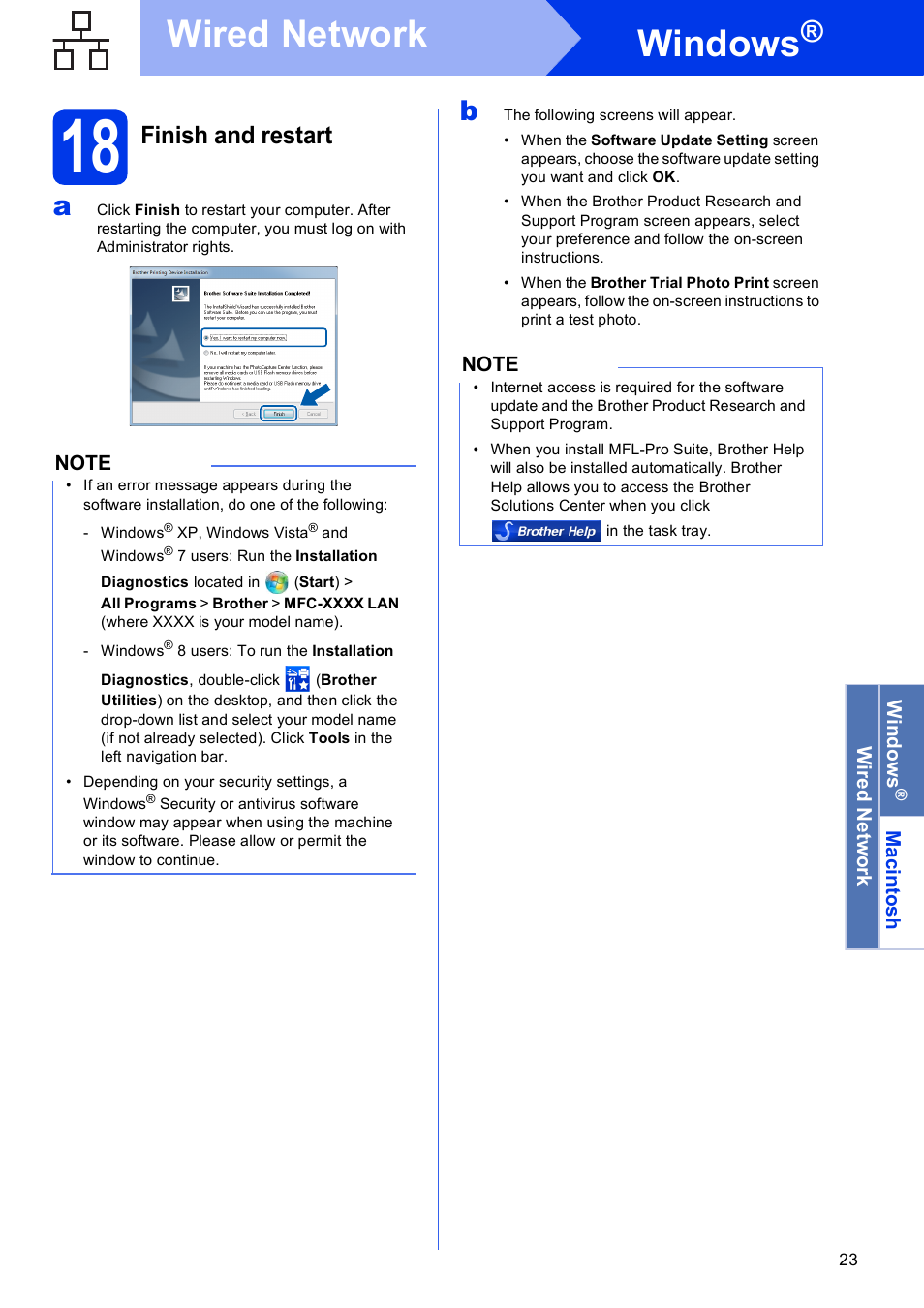 18 finish and restart, Windows, Wired network | Finish and restart | Brother MFC-J870DW User Manual | Page 23 / 46