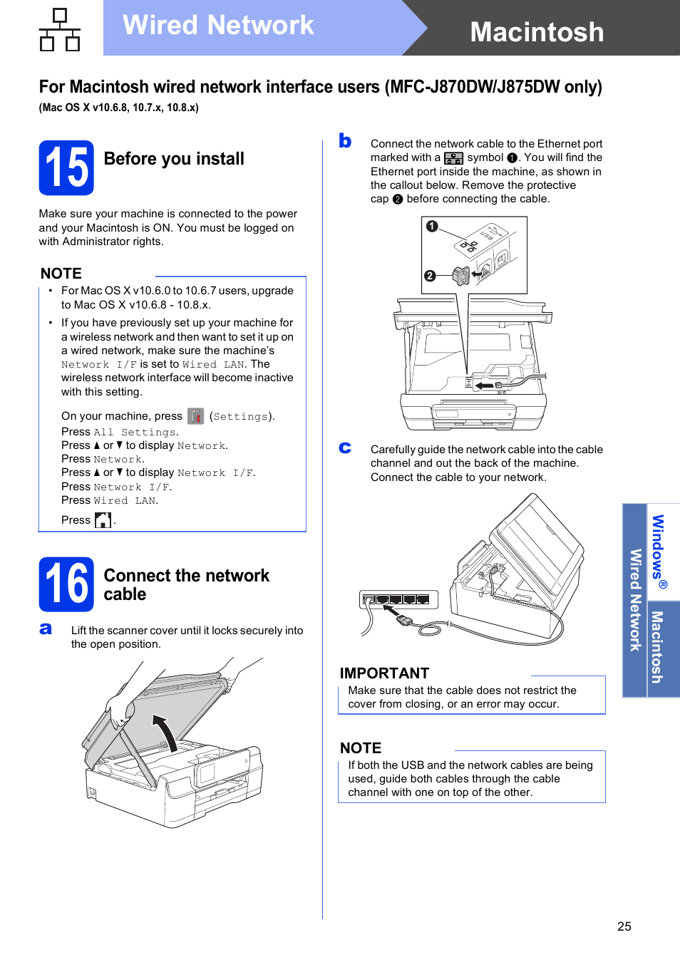 15 before you install, 16 connect the network cable, Macintosh wired network | Brother MFC-J870DW User Manual | Page 25 / 46