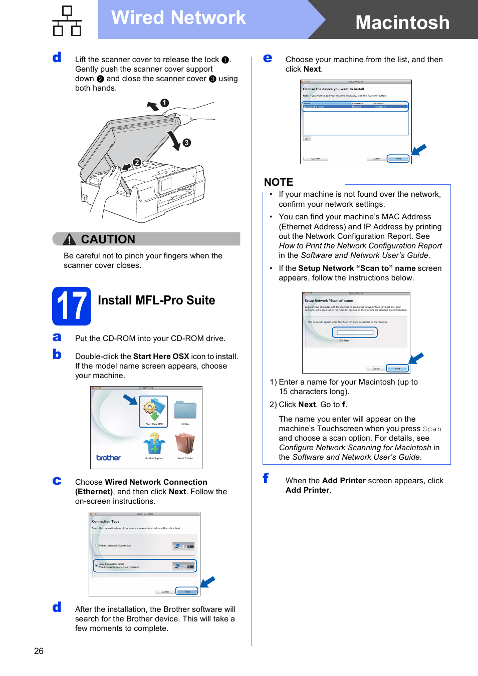 17 install mfl-pro suite, Macintosh wired network, Install mfl-pro suite | Brother MFC-J870DW User Manual | Page 26 / 46