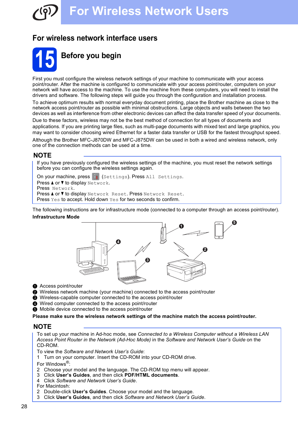 For wireless network interface users, 15 before you begin, For wireless network users | Before you begin | Brother MFC-J870DW User Manual | Page 28 / 46