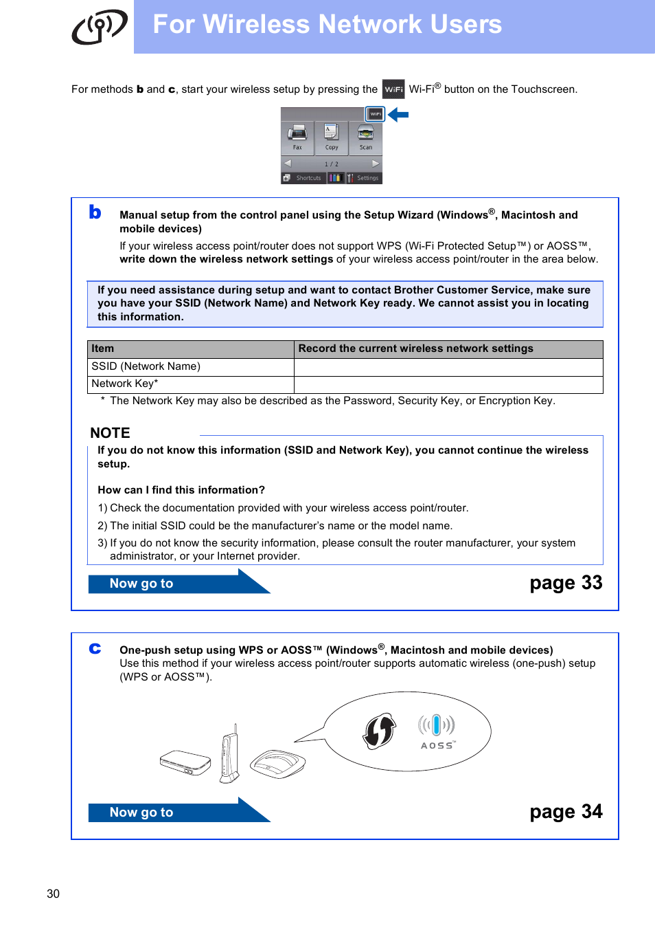 For wireless network users, Page 33 c, Page 34 | Brother MFC-J870DW User Manual | Page 30 / 46