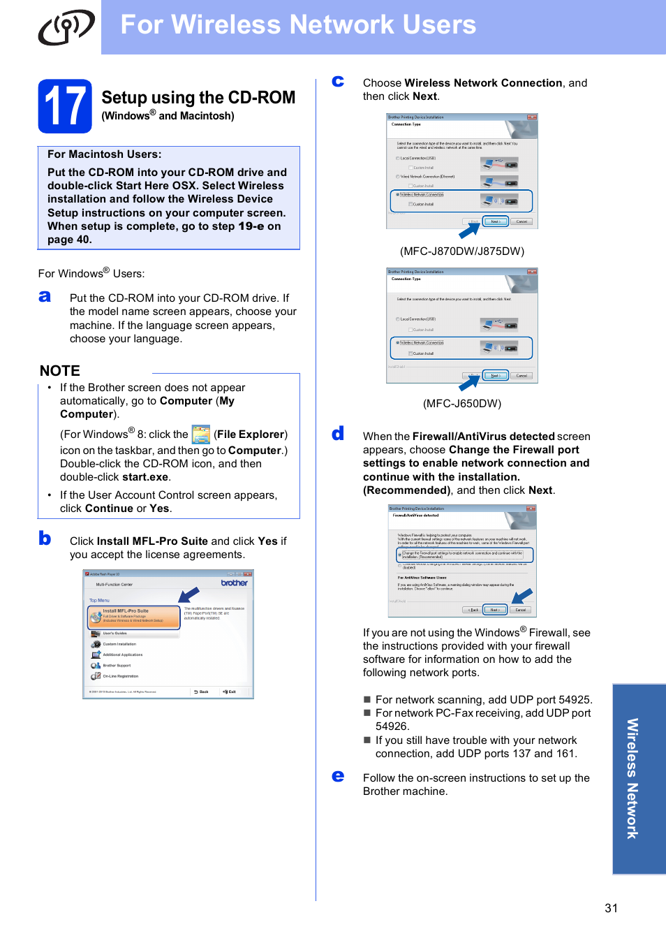 17 setup using the cd-rom (windows® and macintosh), For wireless network users, Setup using the cd-rom | Brother MFC-J870DW User Manual | Page 31 / 46