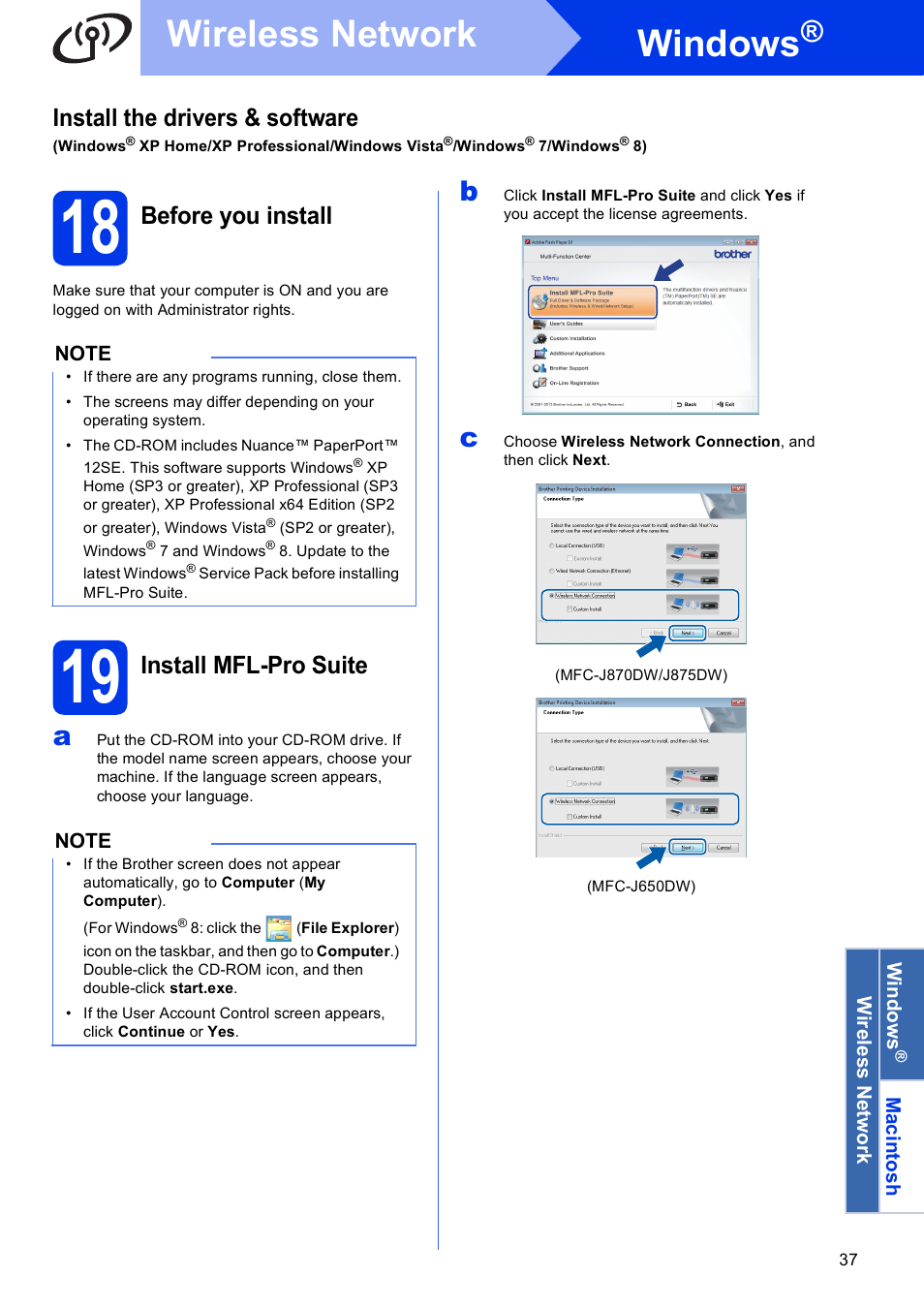 18 before you install, 19 install mfl-pro suite, Windows | Wireless network, Install the drivers & software, Before you install, Install mfl-pro suite | Brother MFC-J870DW User Manual | Page 37 / 46
