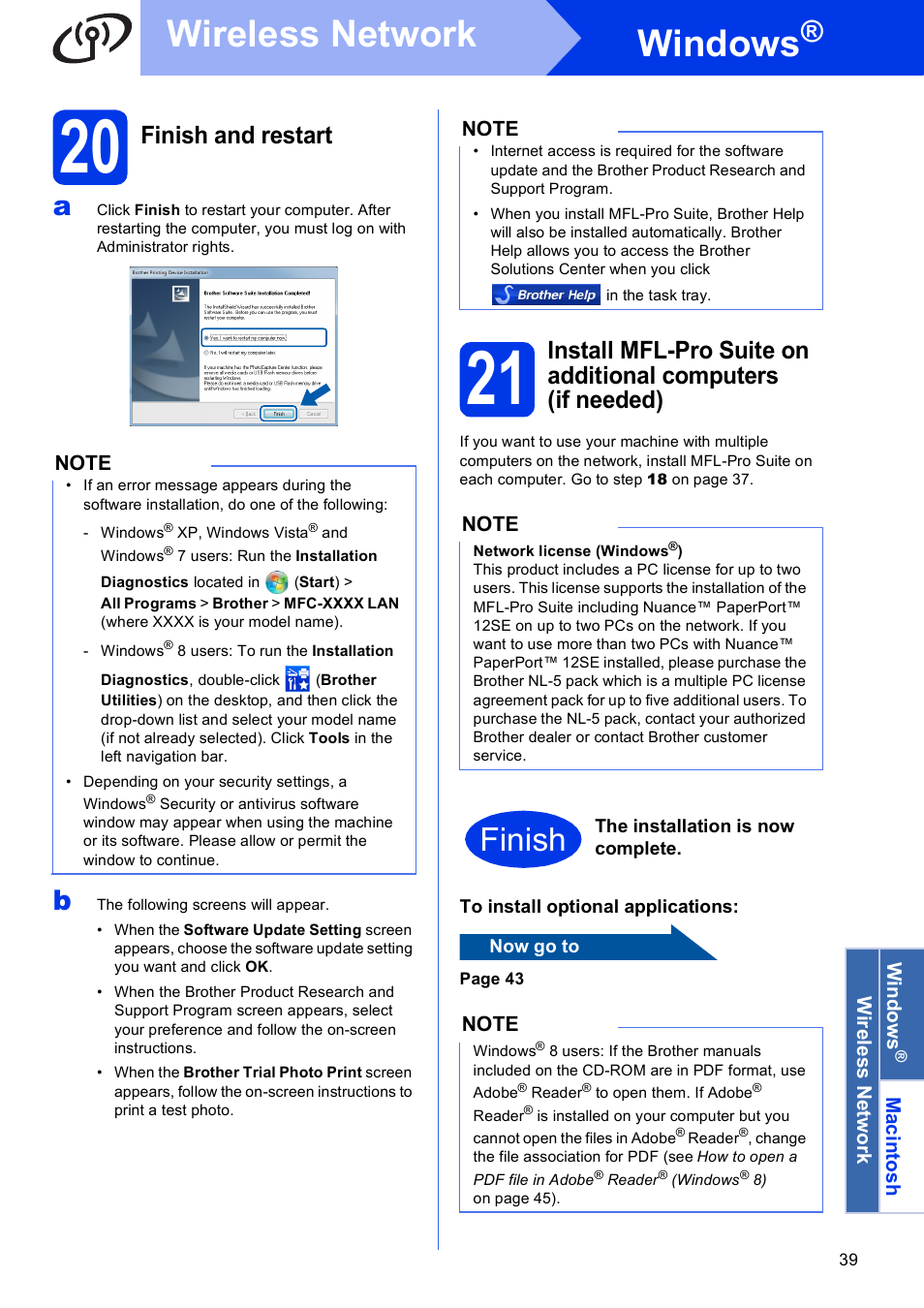 20 finish and restart, Windows, Wireless network | Finish, Finish and restart | Brother MFC-J870DW User Manual | Page 39 / 46