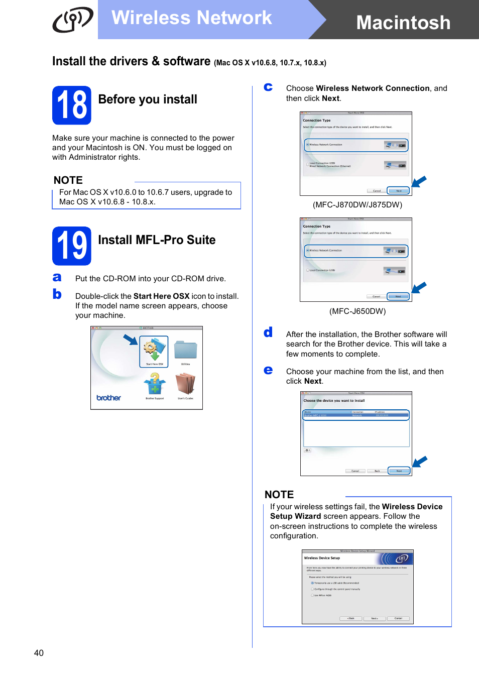 18 before you install, 19 install mfl-pro suite, Macintosh wireless network | Brother MFC-J870DW User Manual | Page 40 / 46