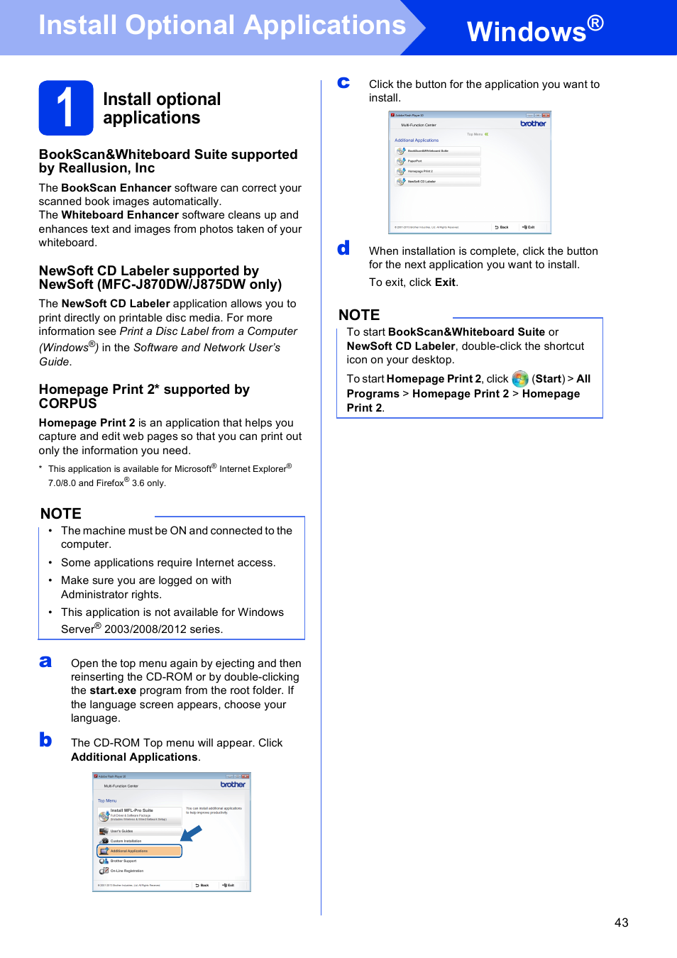 Install optional applications windows, 1 install optional applications, Windows | Install optional applications | Brother MFC-J870DW User Manual | Page 43 / 46