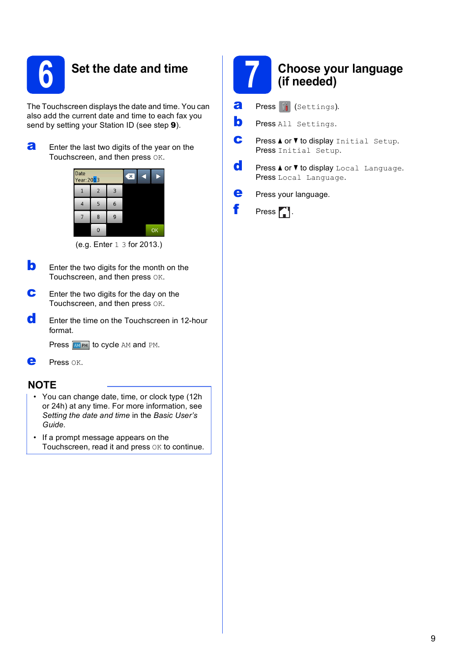 6 set the date and time, 7 choose your language (if needed) | Brother MFC-J870DW User Manual | Page 9 / 46