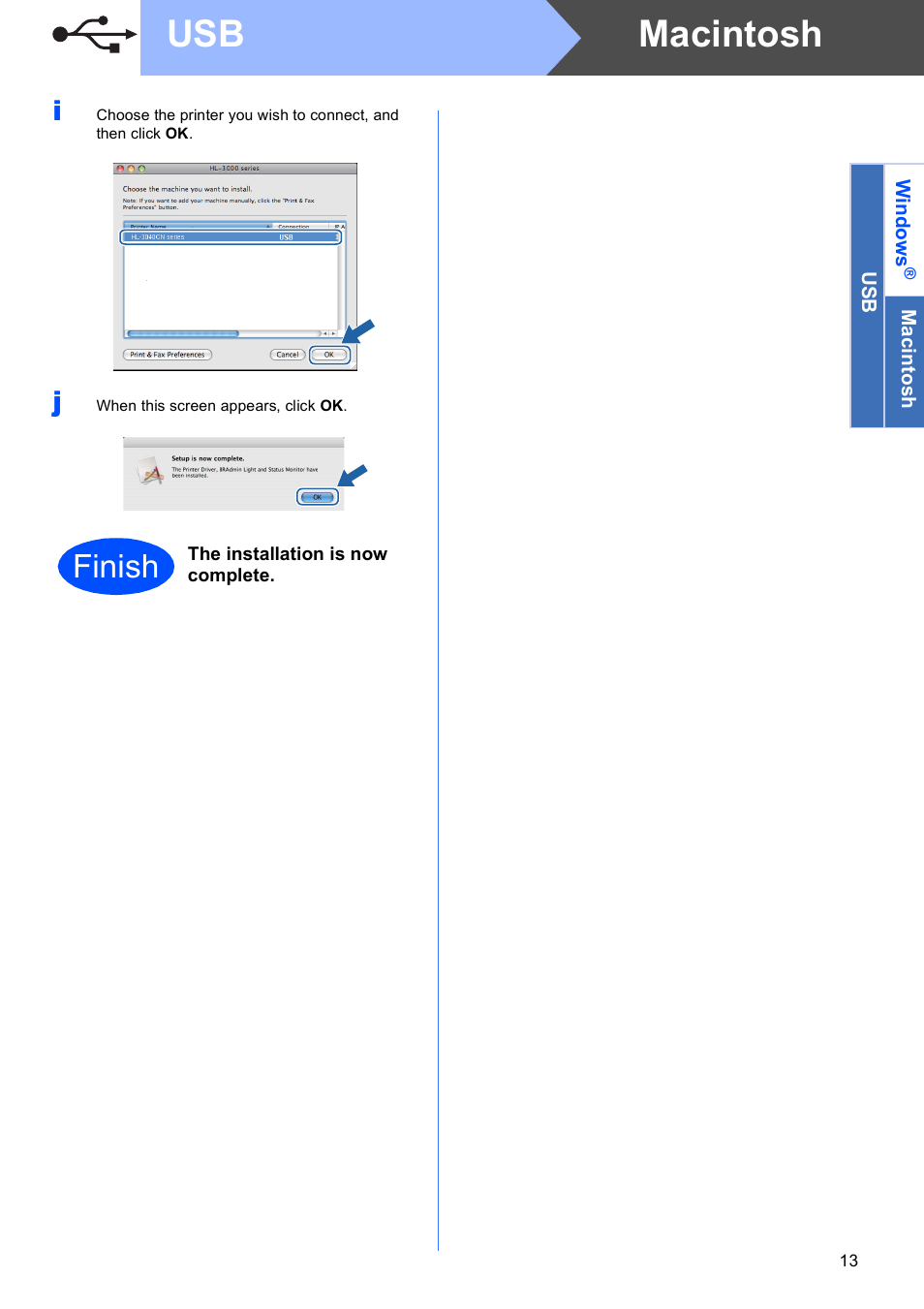 Macintosh usb, Finish | Brother HL-3040CN User Manual | Page 13 / 32