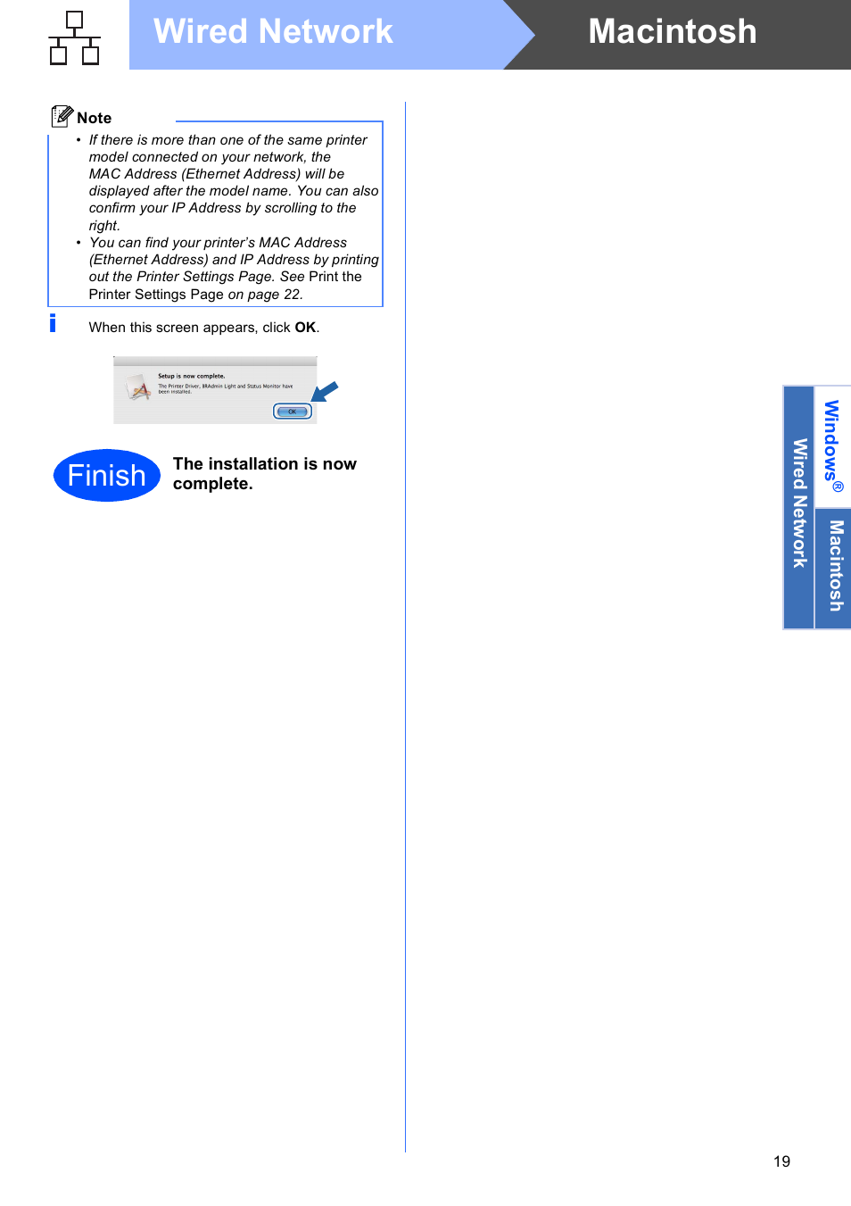 Macintosh wired network, Finish | Brother HL-3040CN User Manual | Page 19 / 32