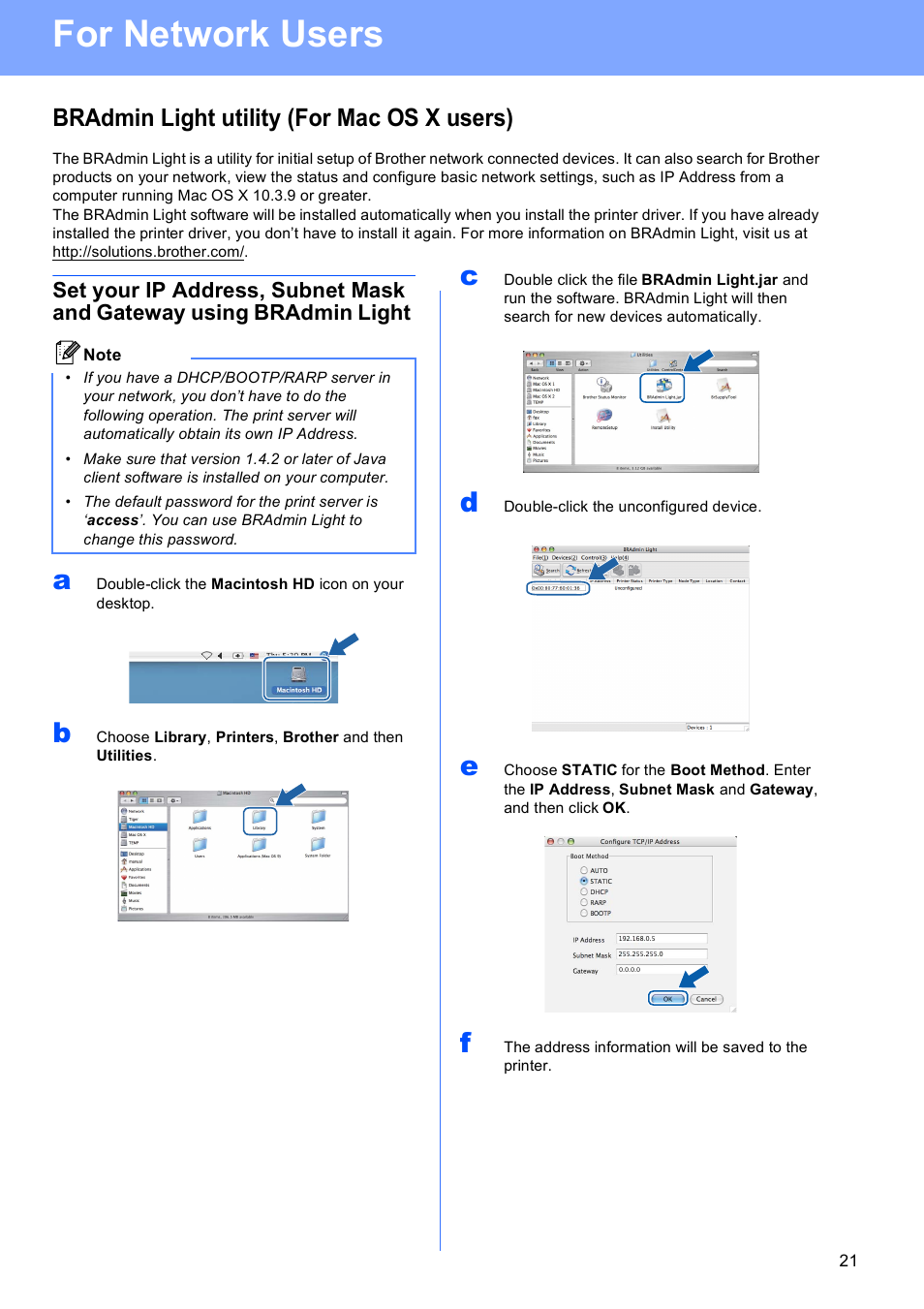 Bradmin light utility (for mac os x users), For network users | Brother HL-3040CN User Manual | Page 21 / 32