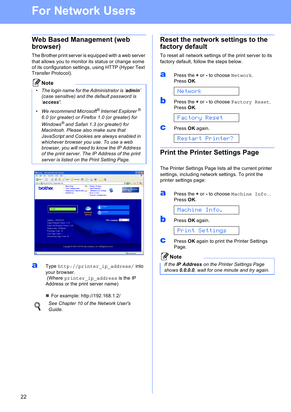 Web based management (web browser), Reset the network settings to the factory default, For network users | Print the printer settings page | Brother HL-3040CN User Manual | Page 22 / 32