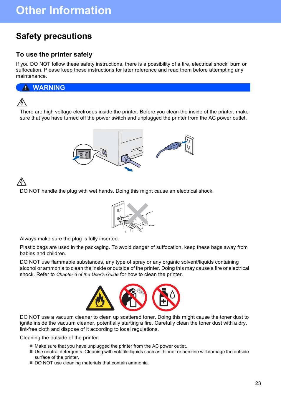 Other information, Safety precautions, To use the printer safely | Warning | Brother HL-3040CN User Manual | Page 23 / 32