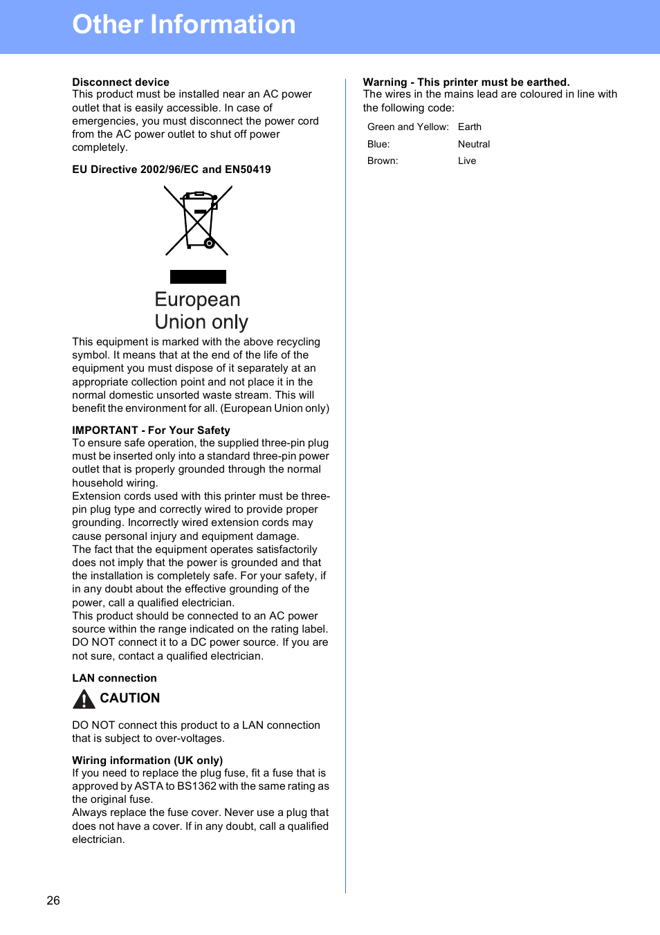 Disconnect device, Eu directive 2002/96/ec and en50419, Important - for your safety | Lan connection, Wiring information (uk only), Warning - this printer must be earthed, Other information | Brother HL-3040CN User Manual | Page 26 / 32