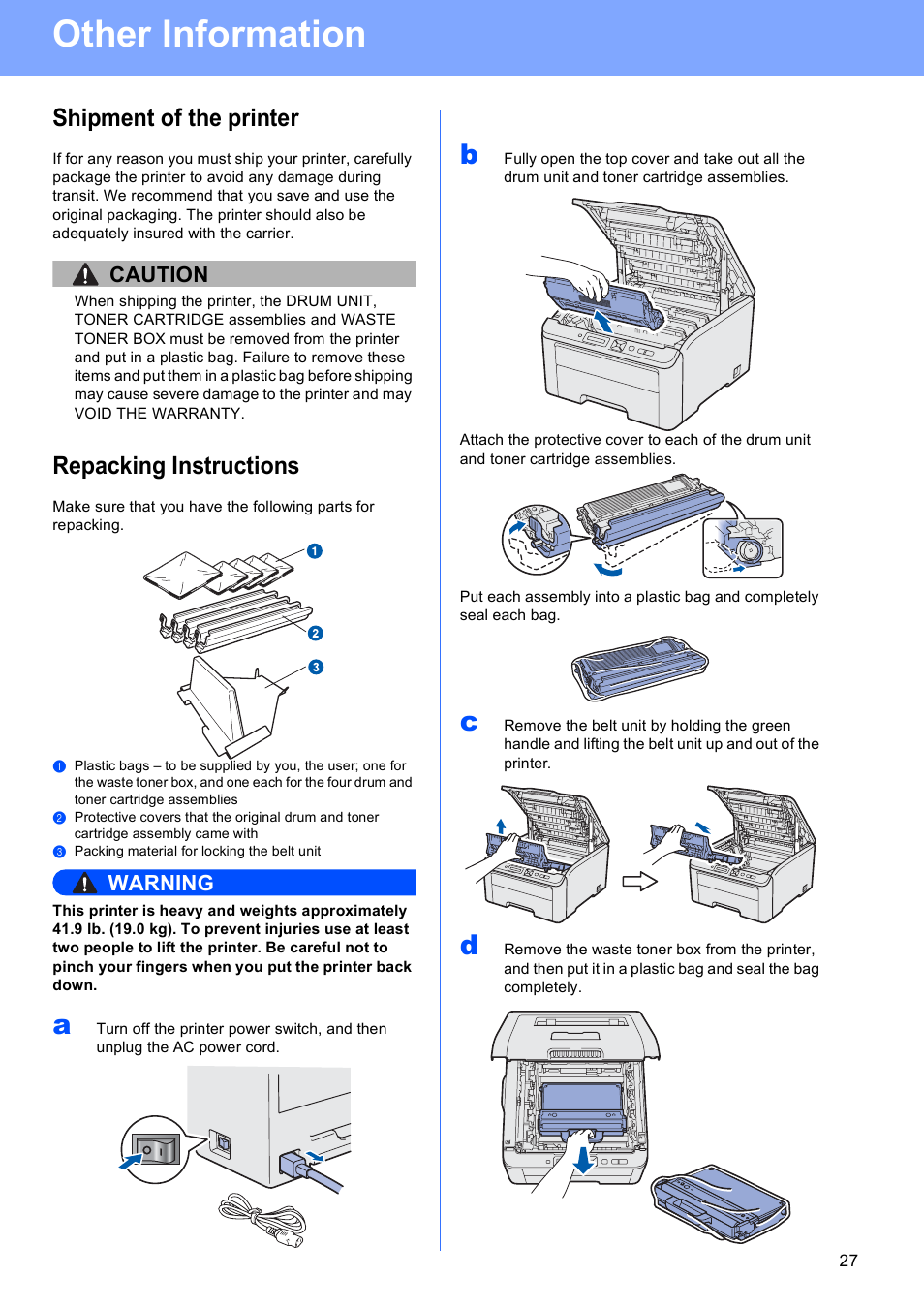 Shipment of the printer, Repacking instructions, Other information | Caution, Warning | Brother HL-3040CN User Manual | Page 27 / 32