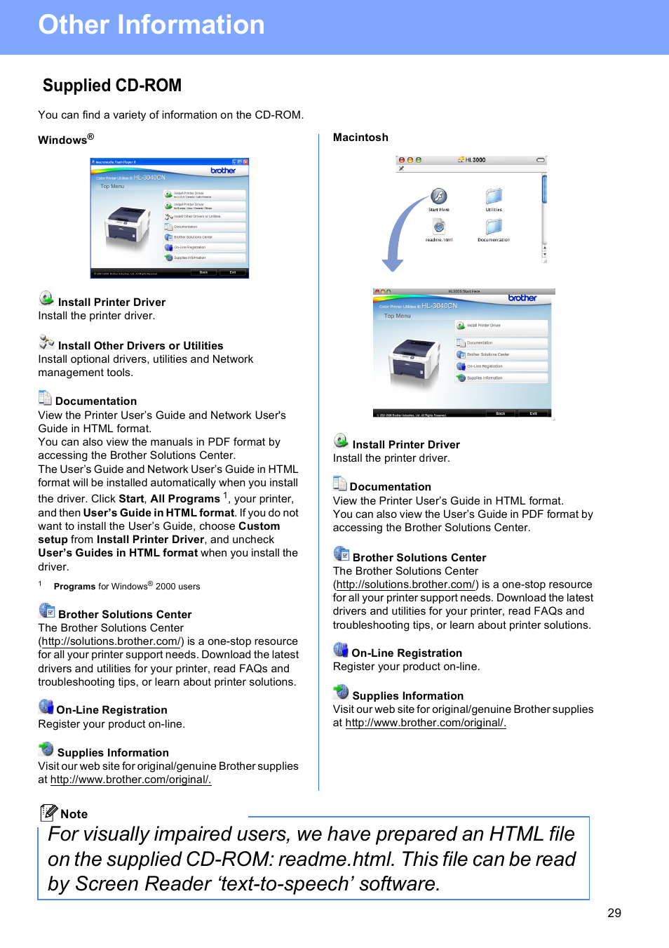 Supplied cd-rom, Windows, Macintosh | Other information | Brother HL-3040CN User Manual | Page 29 / 32