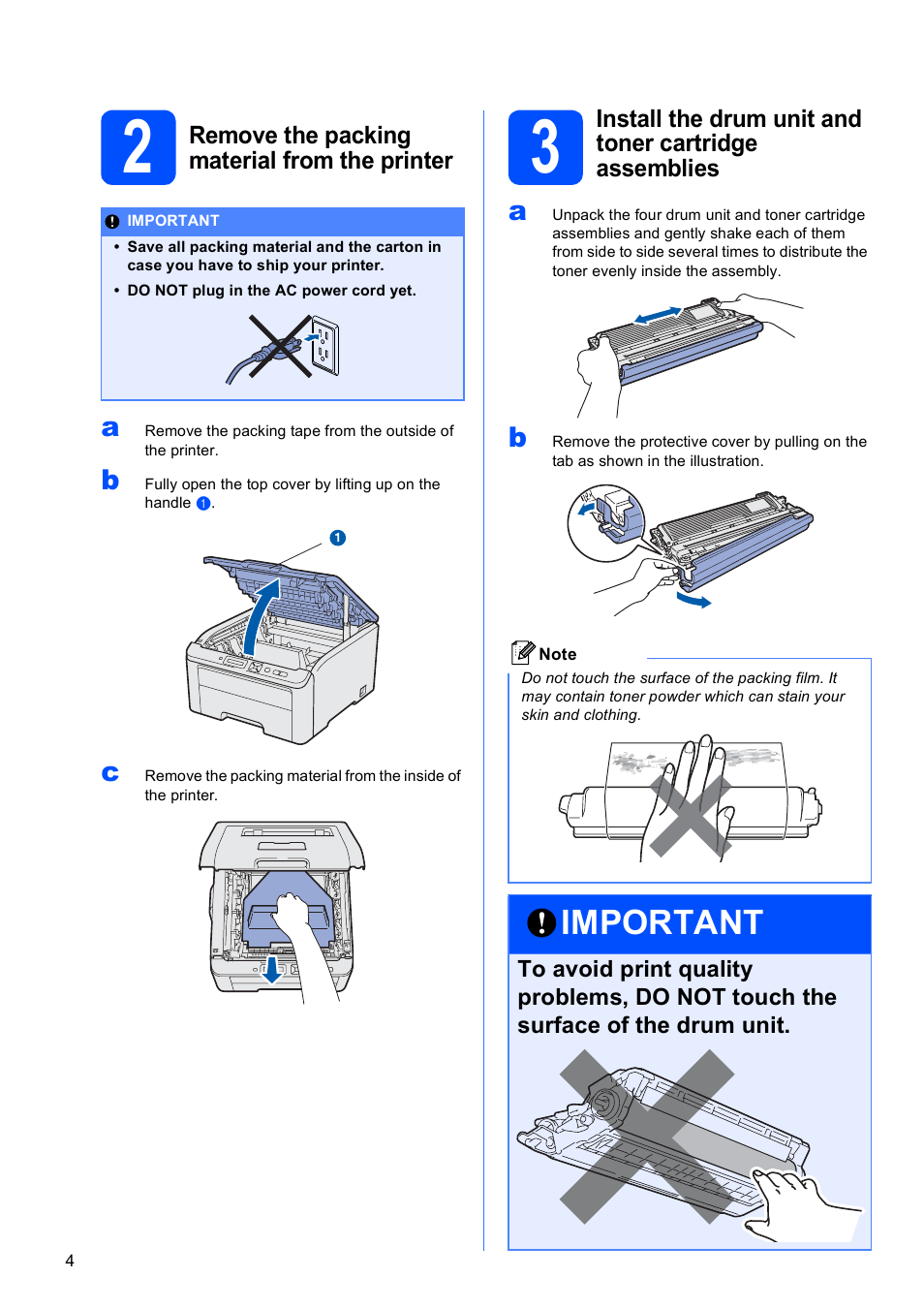 2 remove the packing material from the printer, Important | Brother HL-3040CN User Manual | Page 4 / 32