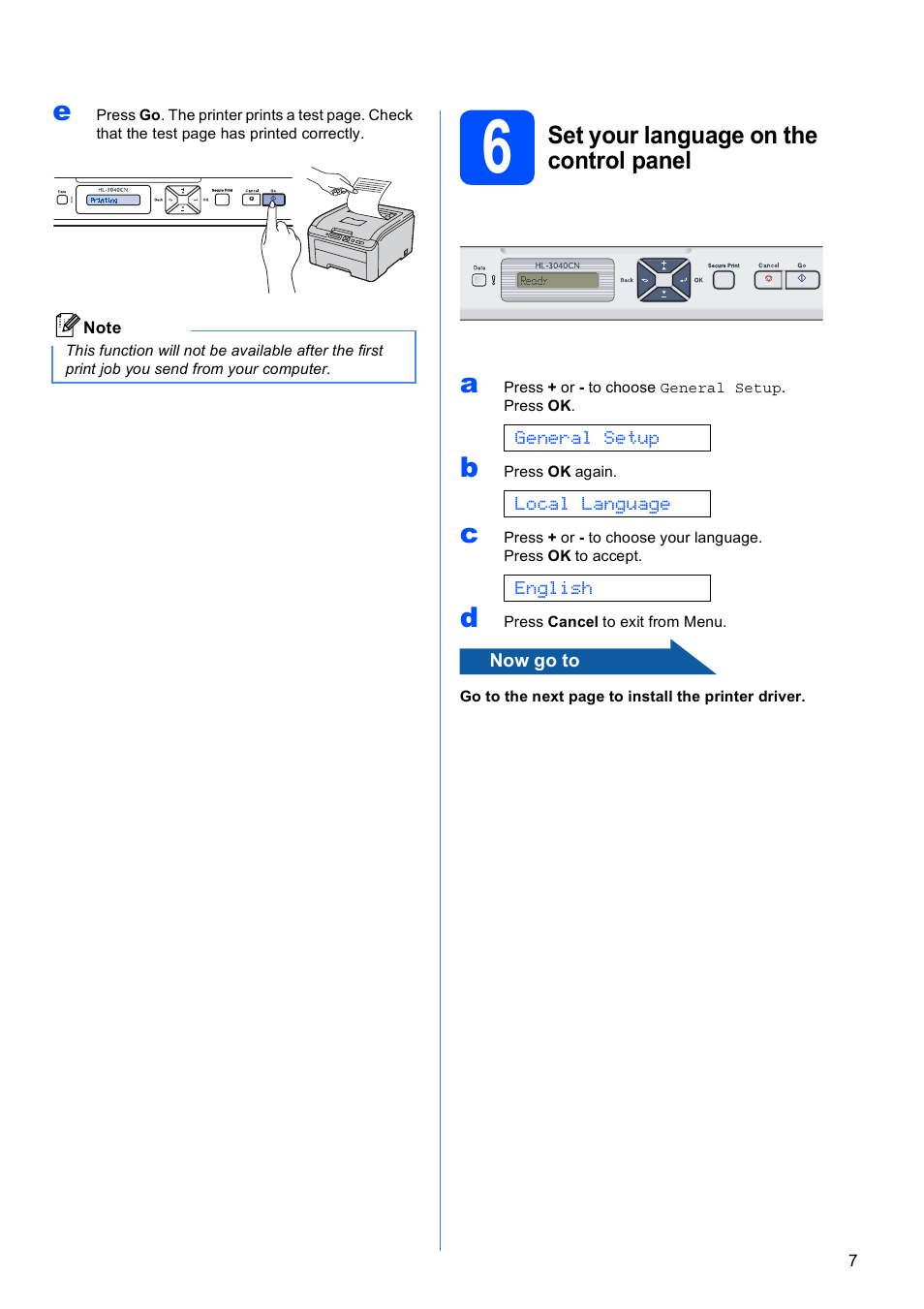 6 set your language on the control panel | Brother HL-3040CN User Manual | Page 7 / 32